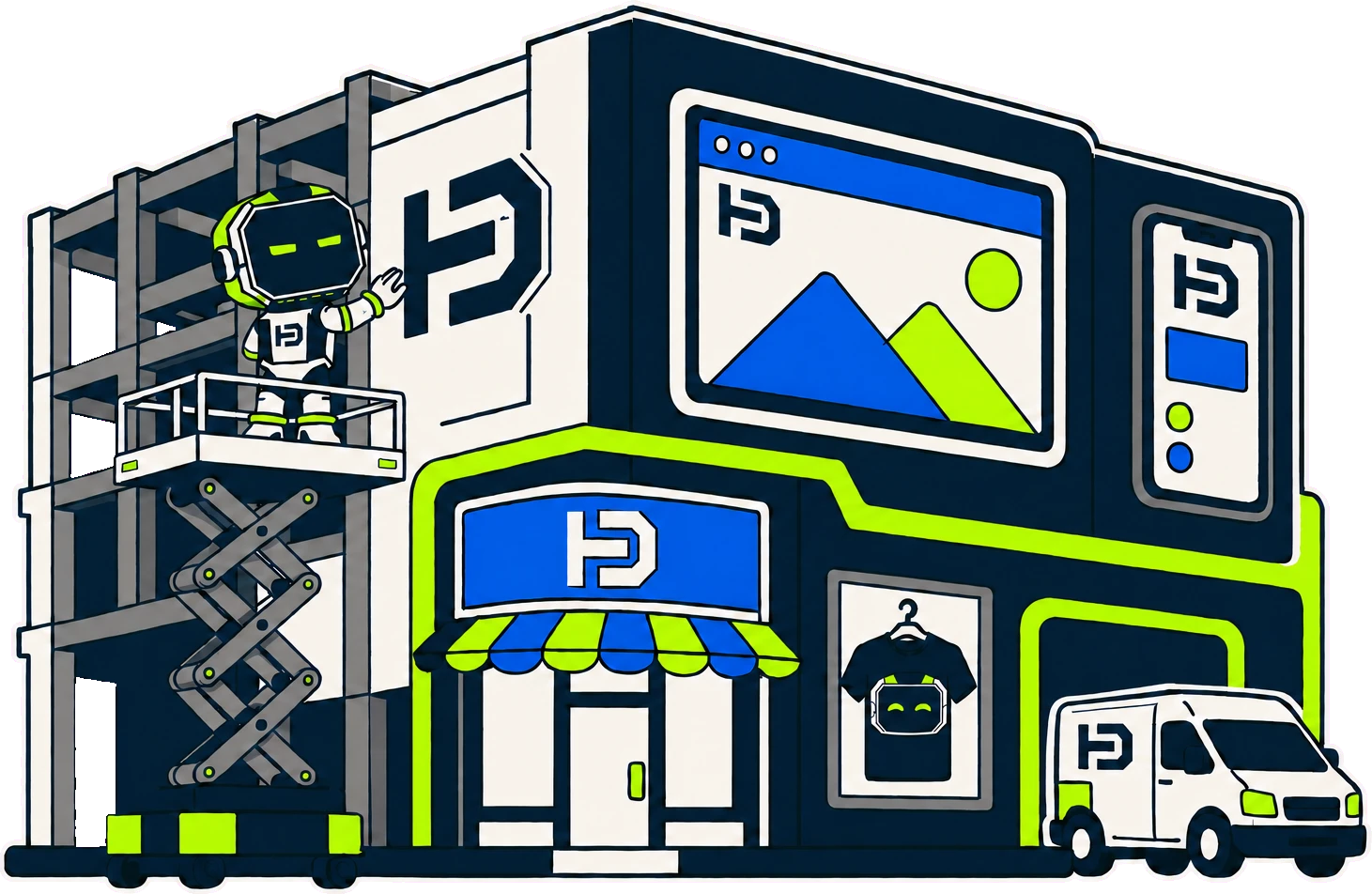 The HagoDigital identity applied across a shopfront, signage, a website, a phone screen, a t-shirt and a delivery van, with Hago on a lift painting the HD monogram onto the wall.
