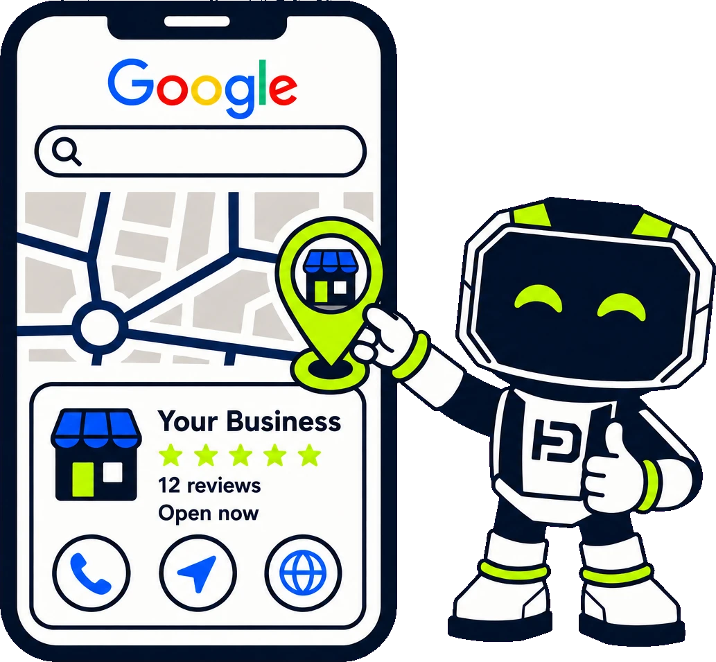 A phone showing a Google search with a map, a location pin and a sample business profile card labelled Your Business carrying a five-star rating, and Hago the robot pointing at the pin.