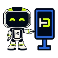 The HagoDigital robot pointing at a sign with the HD monogram