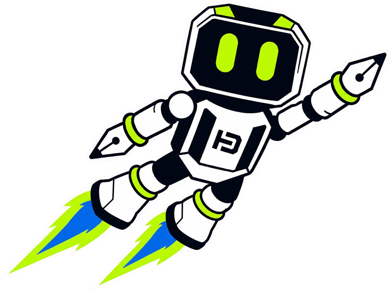 Hago the robot flying on rocket thrusters, each forearm ending in a pen nib, with an HD monogram on its chest.