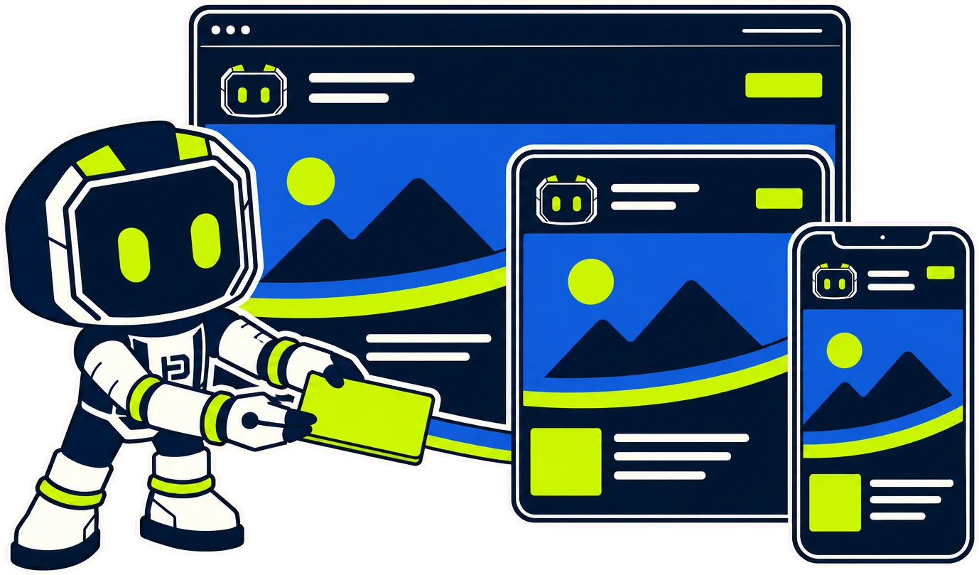 Hago the robot pressing a lime tag onto the same branded layout shown three times over: a desktop window, a tablet and a phone, each carrying the identical mark, colours and shapes.