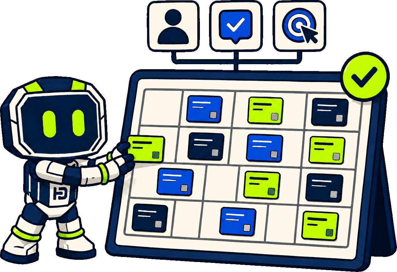 Hago the robot placing a card onto a monthly content calendar, the board filled with navy, blue and lime post cards, with audience, message and action icons wired in above it and a lime tick in the corner.