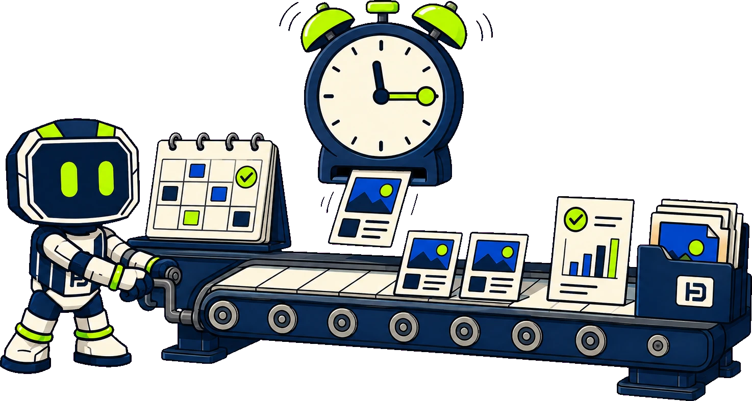 Hago the robot turning a handle that drives a belt: a monthly calendar feeds in at one end, posts are stamped out under a clock, and a review sheet and a folder of finished files come out at the other.