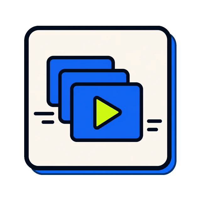 Three stacked video frames on an ivory tile, the top one carrying a lime play button, with motion lines either side.