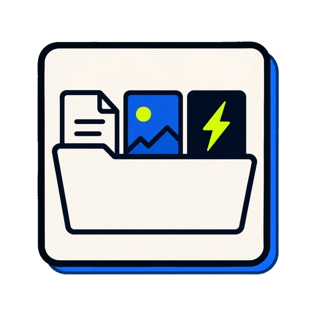 An open folder holding three things: a document, a photograph and a lightning mark.