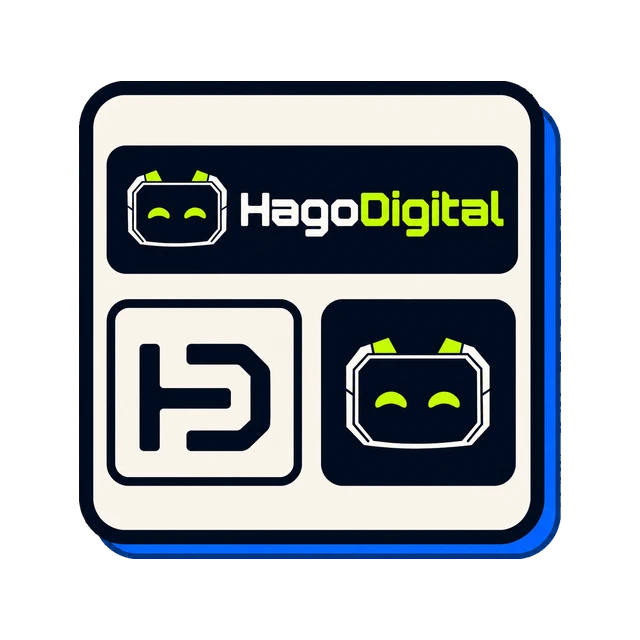 Three HagoDigital logo lockups on one tile: the robot mark with the wordmark, the HD monogram on its own, and the robot mark on its own.