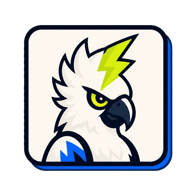 A cockatoo's head in ivory and navy on a tile, its crest struck through by a lime lightning bolt.