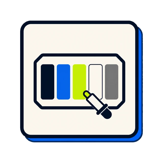 Five colour swatches — navy, blue, lime, white and grey — inside an outlined panel, with an eyedropper resting across them.
