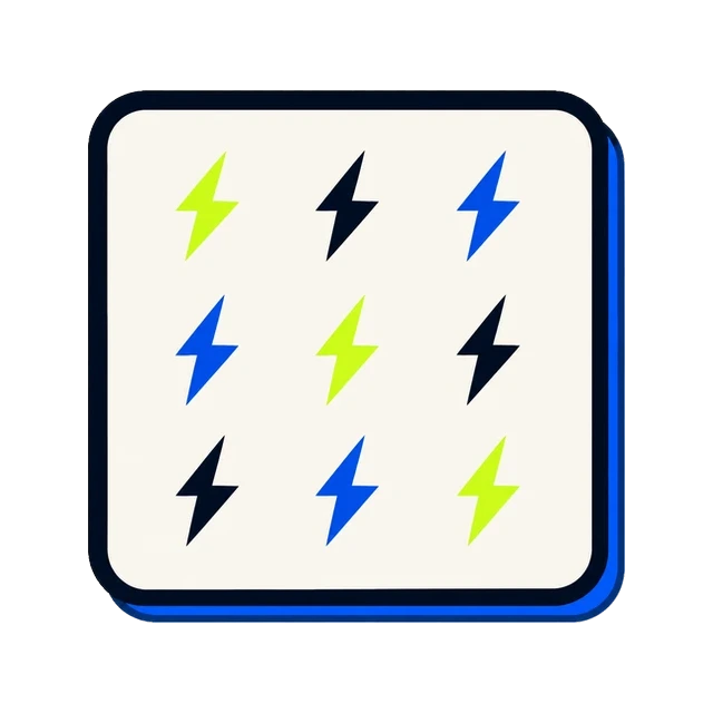 A three-by-three grid of lightning-bolt marks in lime, navy and blue on an ivory tile.
