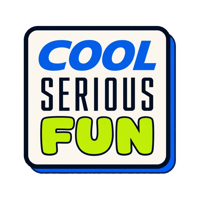 An ivory tile carrying the word COOL in blue italic, SERIOUS in a narrow navy condensed face and FUN in a rounded lime face, three type personalities on one card.