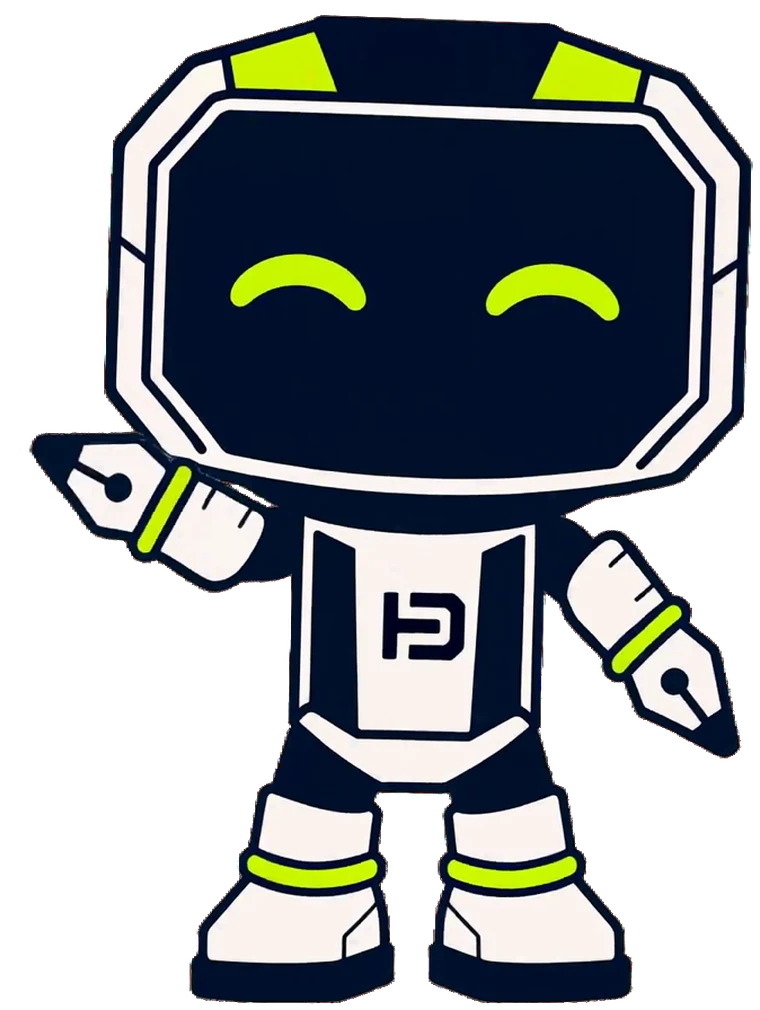 Hago, the HagoDigital robot mascot, standing with a pen in each hand.