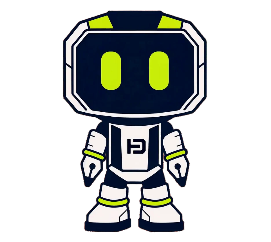 Hago, the HagoDigital robot mascot, standing square on with a fountain pen in each hand; the animation has him draw the HD monogram around himself.