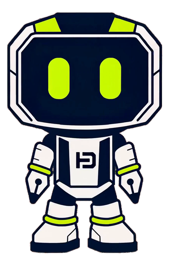 Hago, the HagoDigital robot mascot: a screen-headed figure in ivory and navy with lime trim and an HD monogram on its chest, standing front-on with a pen nib in each hand.