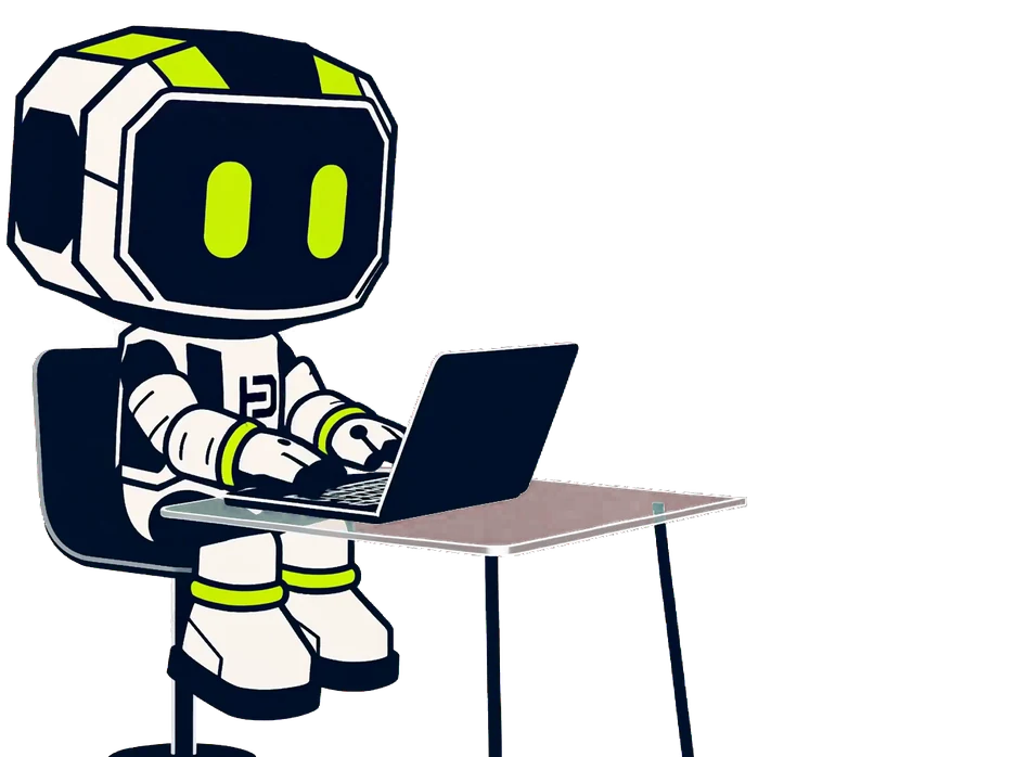 Hago, the HagoDigital robot mascot, sitting at a desk working on a laptop; the animation has a second screen rise beside him showing the post being edited.