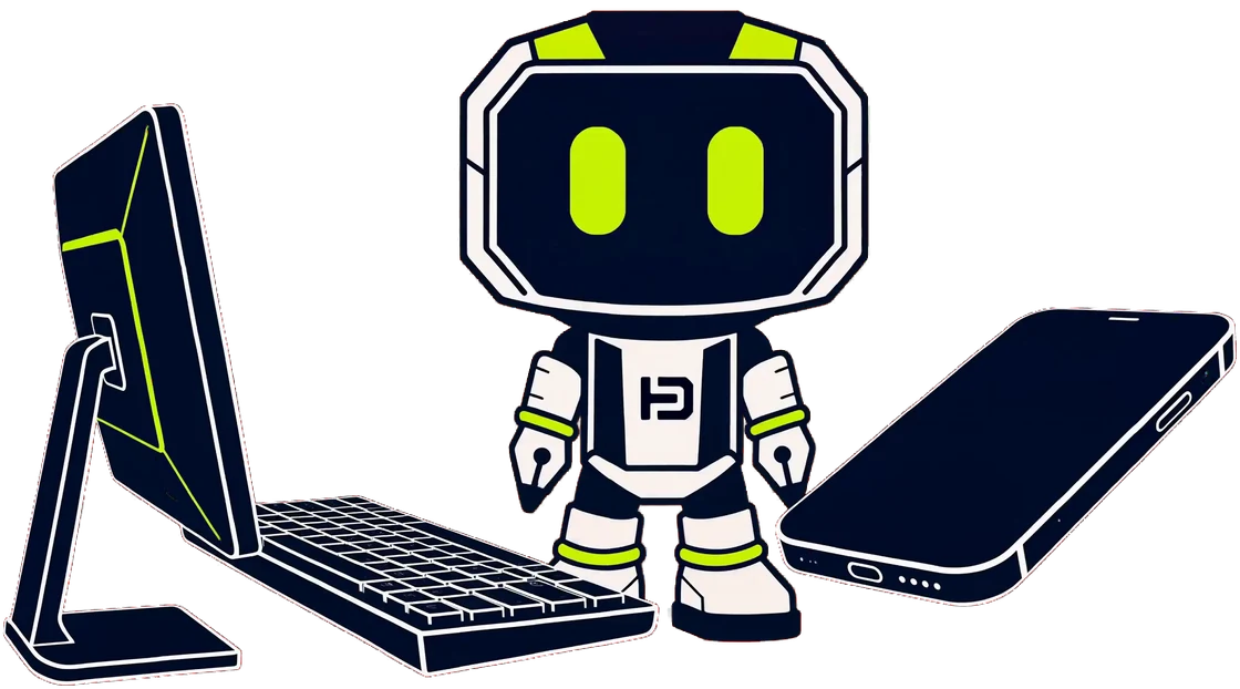 Hago, the HagoDigital robot mascot, standing between a laptop and a phone; the animation has him build the same website onto both screens.