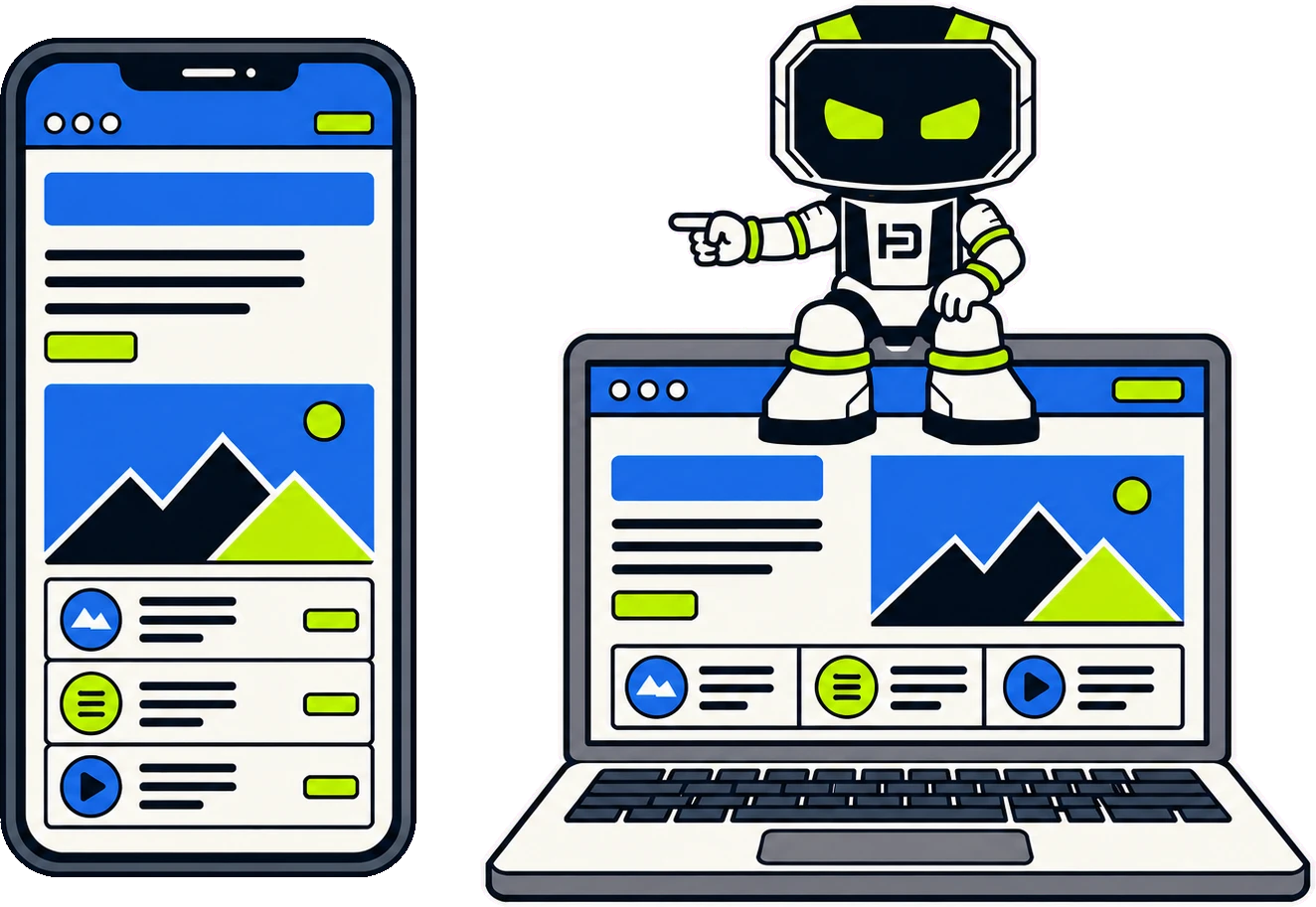 The same HagoDigital website shown on a phone and on a laptop, with Hago the robot sitting on the laptop pointing at the phone.