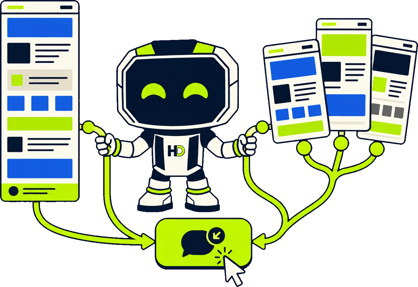 Hago the robot holding one long page in one hand and a set of three pages in the other, both routed into a single lime call-to-action button being clicked.