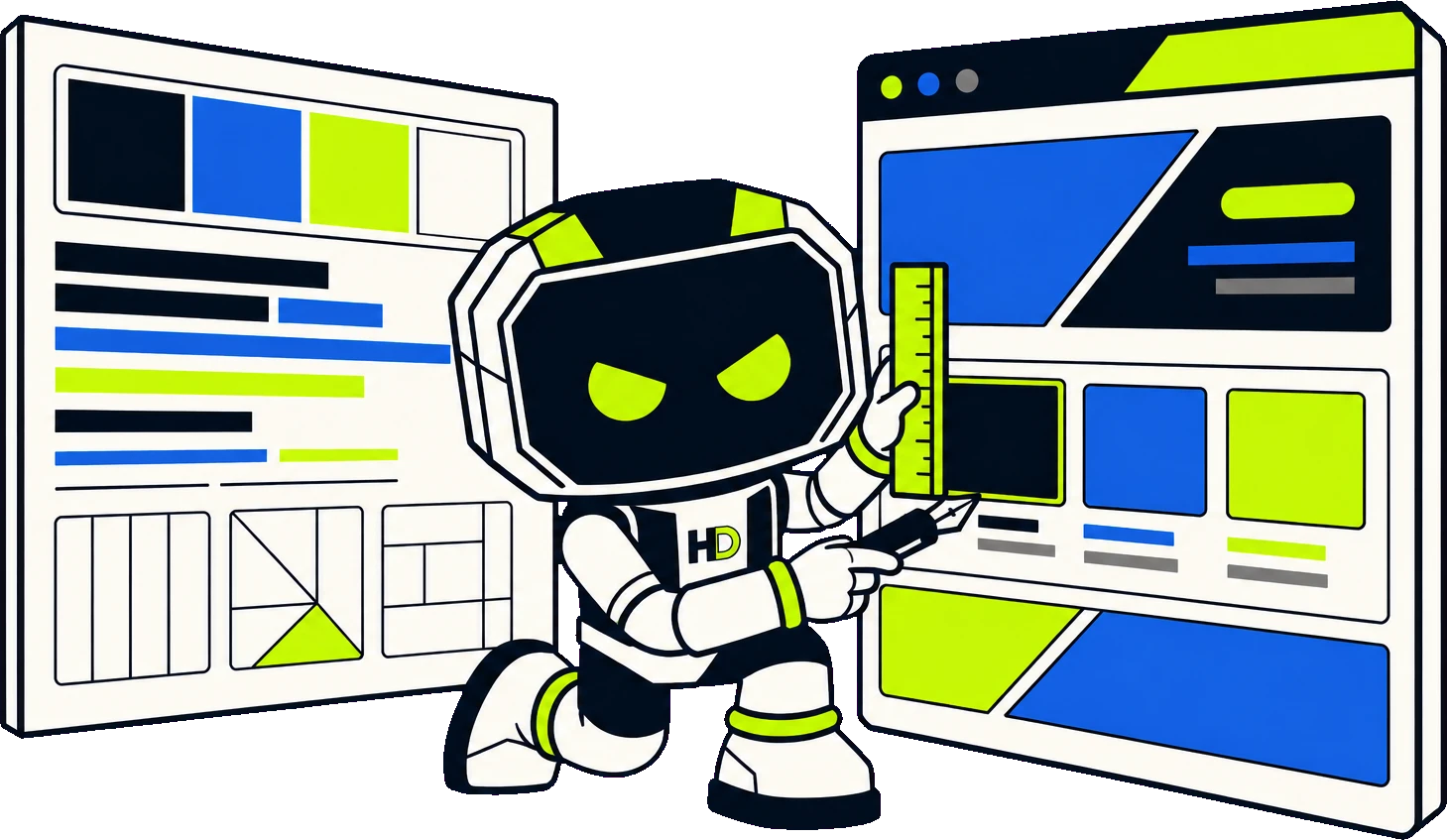 Hago the robot with a ruler and pen, a bare page wireframe on one side and the finished branded page on the other.